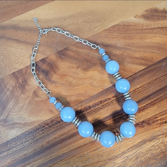 Blue Beaded Necklace With Silver Tone Accents Statement Jewelry - Picture 10 of 15